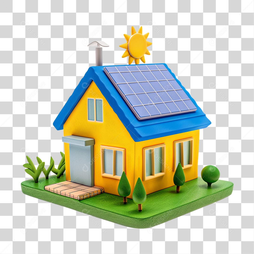 Elemento 3D Casa com Placa Solar PNG Transparente
