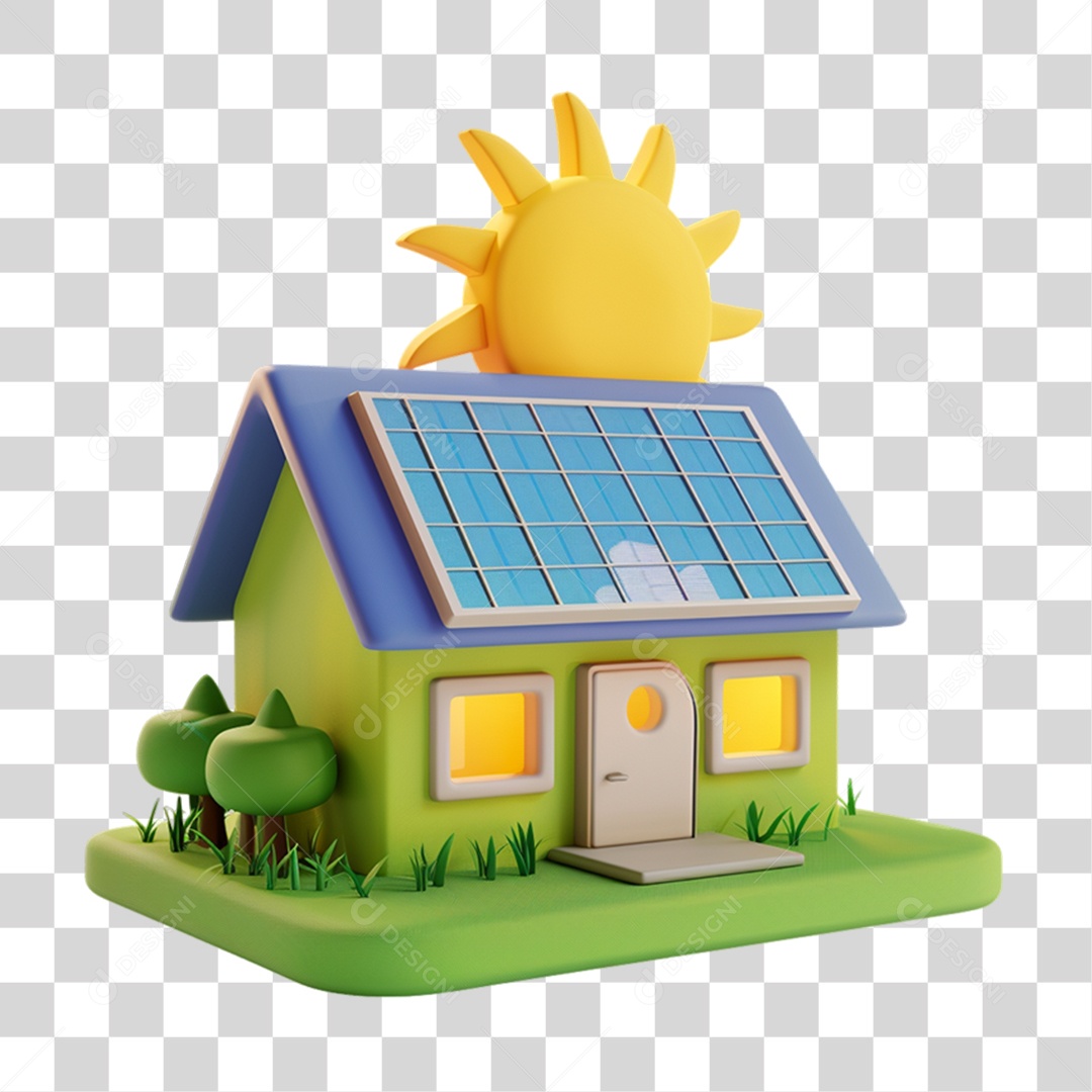 Elemento 3D Casa com Placa Solar PNG Transparente