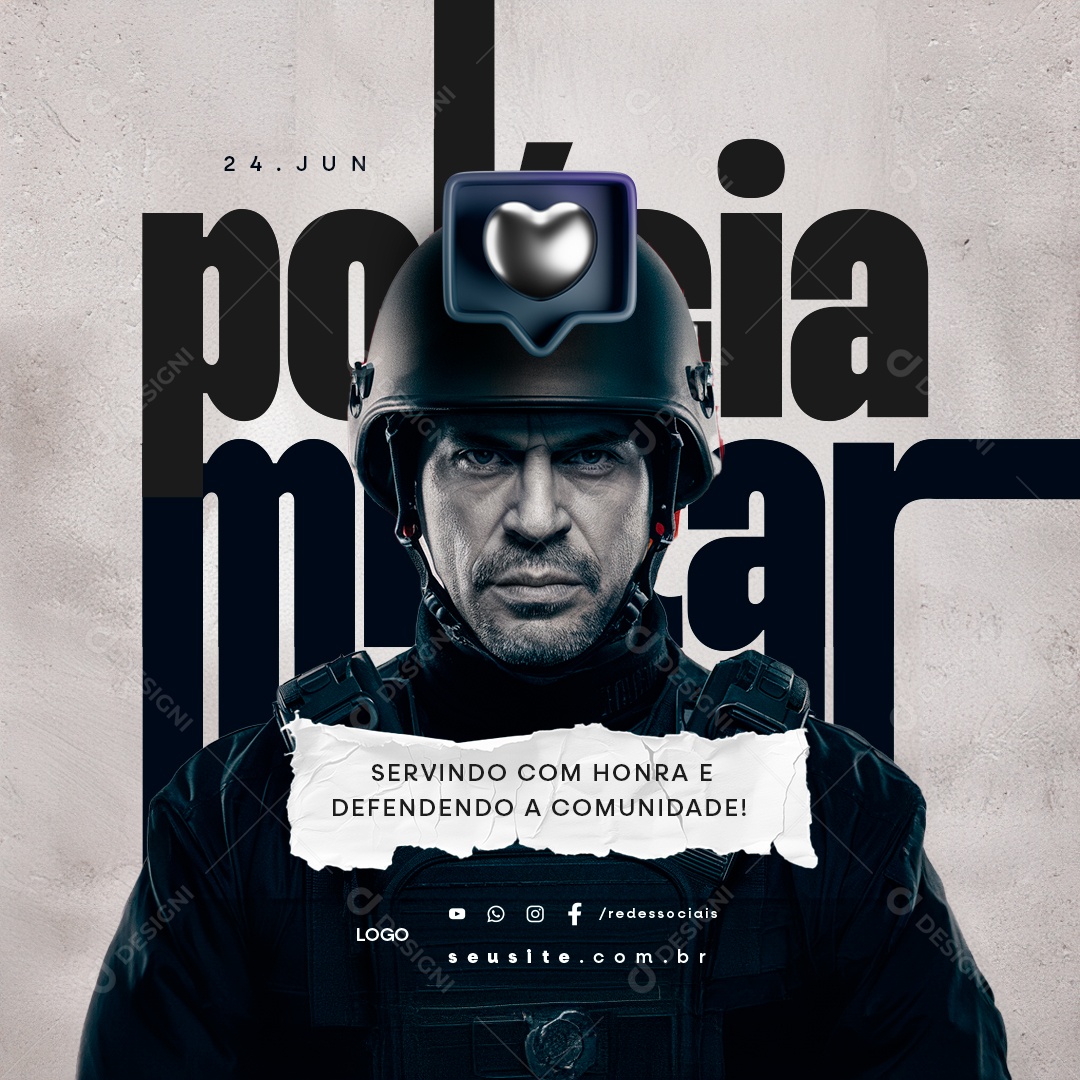 Dia da Polícia Militar de 24 Junho Servindo com Hora Social Media PSD Editável