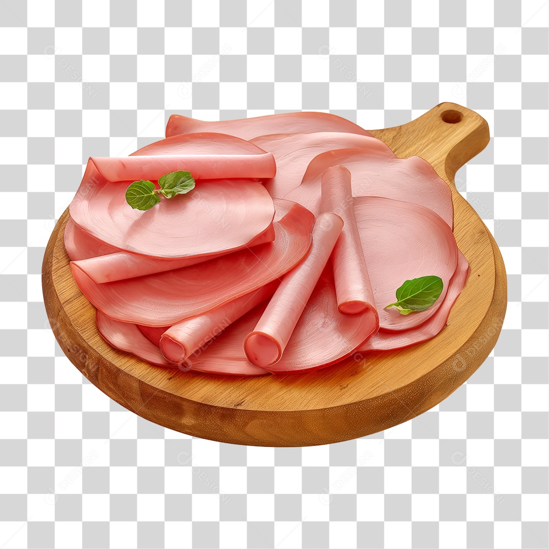 Elemento 3D Fatias de Mortadela em Tábua de Madeira PNG Transparente