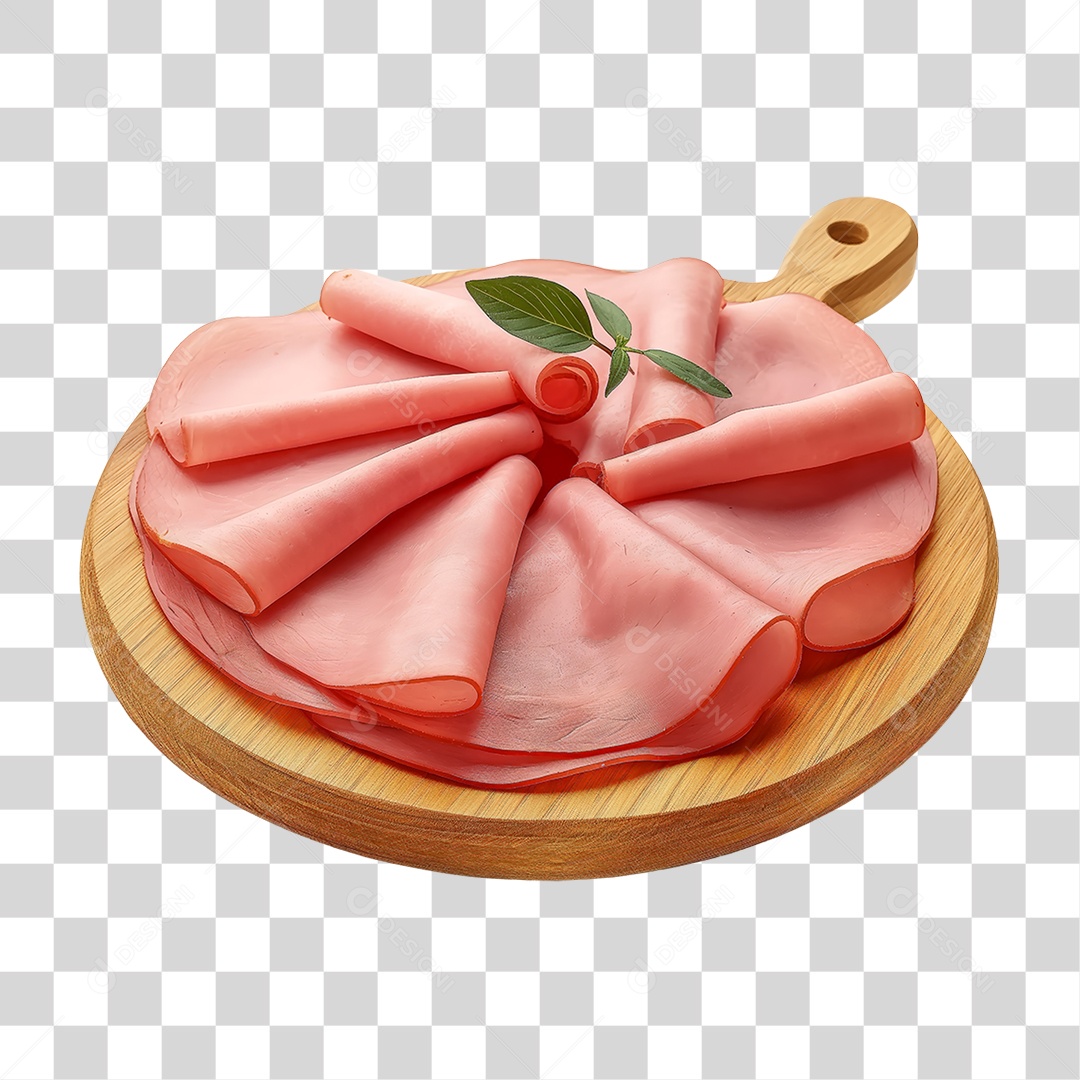 Elemento 3D Fatias de Mortadela em Tábua de Madeira PNG Transparente