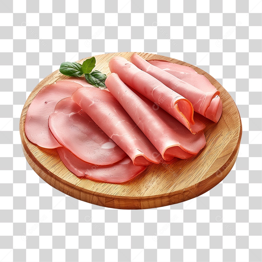 Elemento 3D Fatias de Mortadela em Tábua de Madeira PNG Transparente