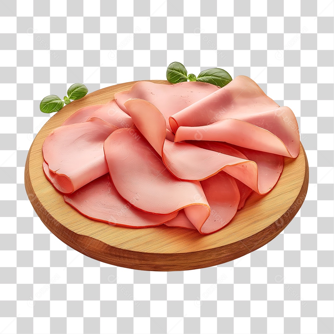 Elemento 3D Fatias de Mortadela em Tábua de Madeira PNG Transparente