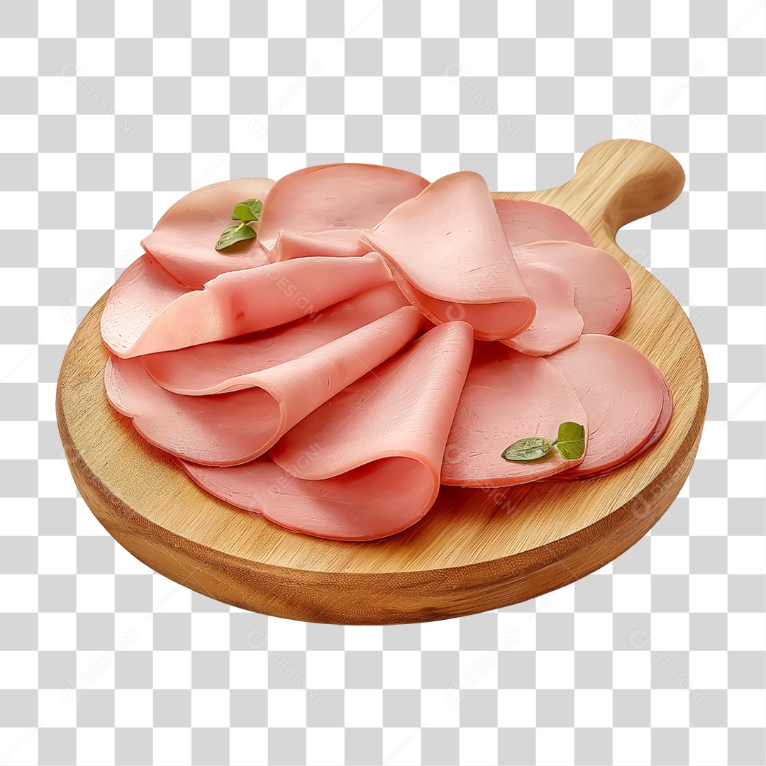 Elemento 3D Fatias de Mortadela em Tábua de Madeira PNG Transparente