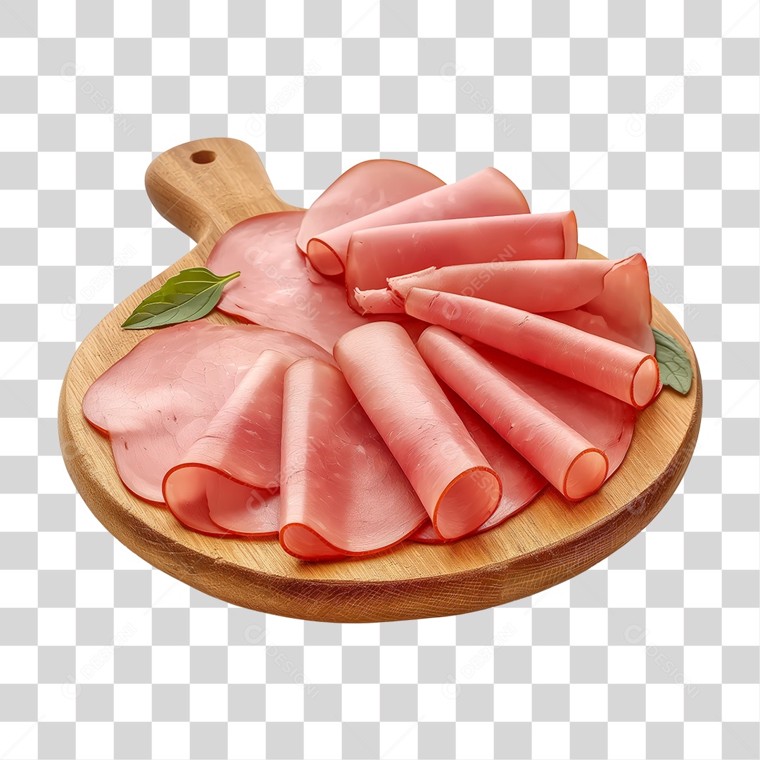 Elemento 3D Fatias de Mortadela em Tábua de Madeira PNG Transparente