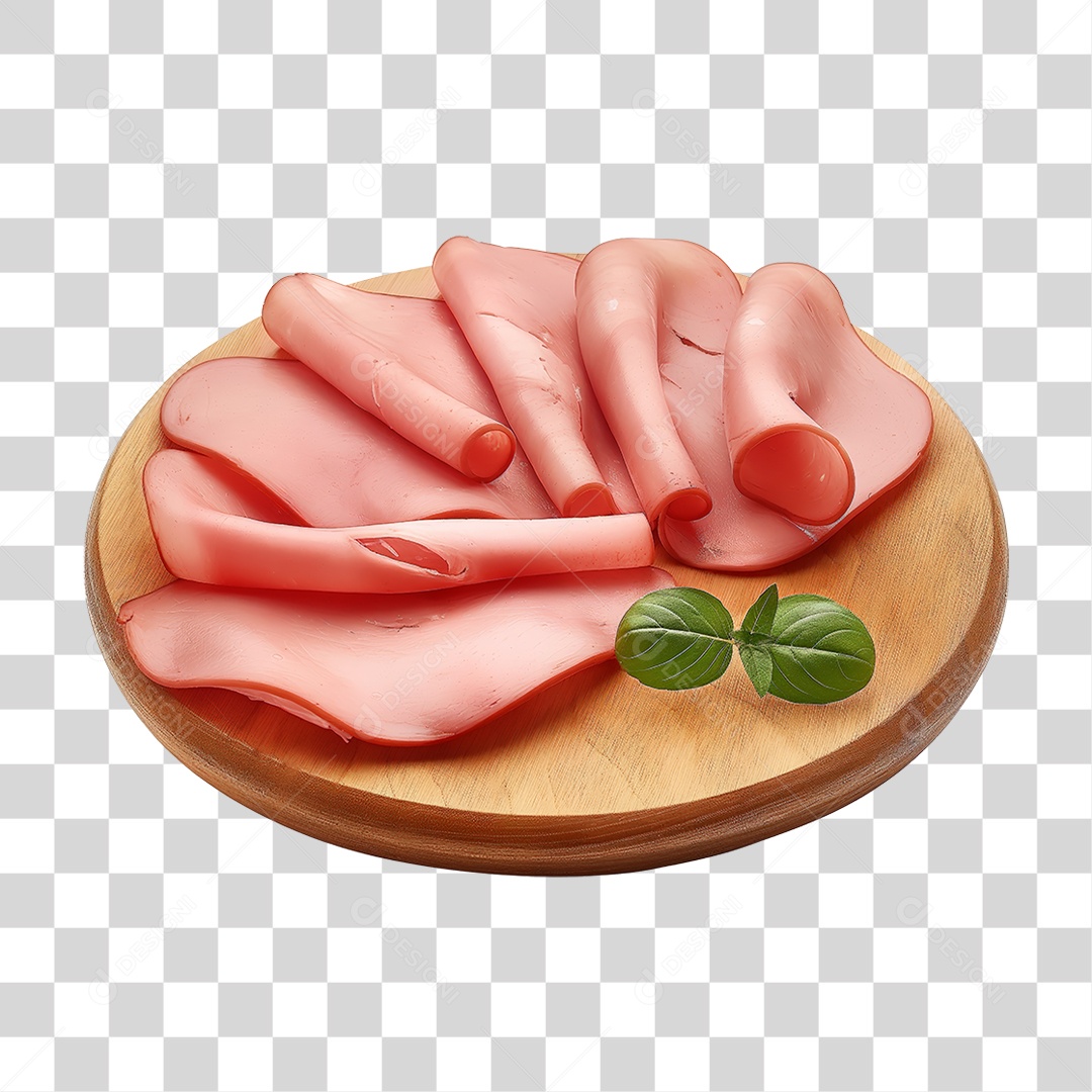 Elemento 3D Fatias de Mortadela em Tábua de Madeira PNG Transparente