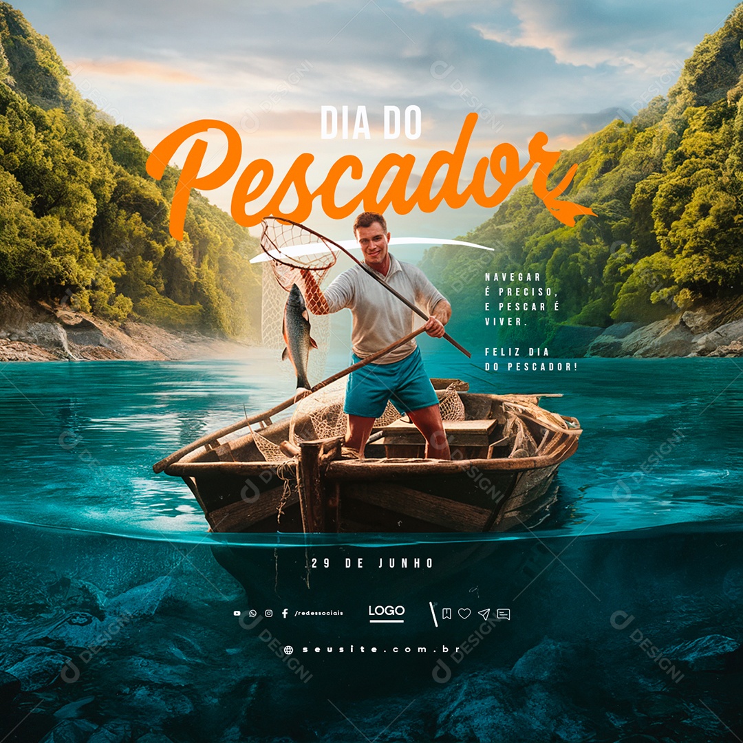 Dia do Pescador 29 de Junho Navegar é Preciso e Pescar é Viver Social Media PSD Editável