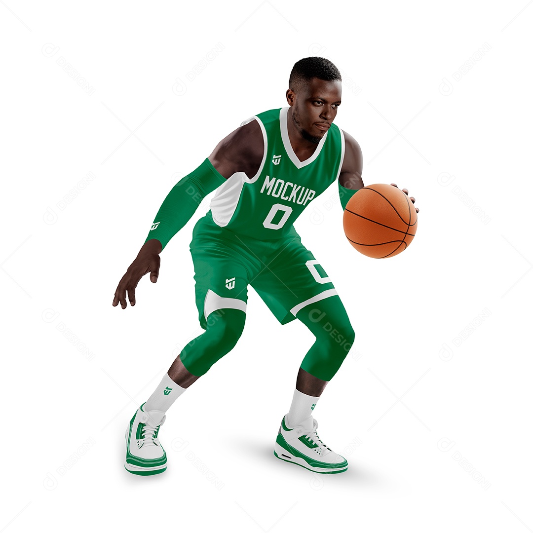 Jogador de Basquete Uniformizado com Bola PSD Editável Mockup