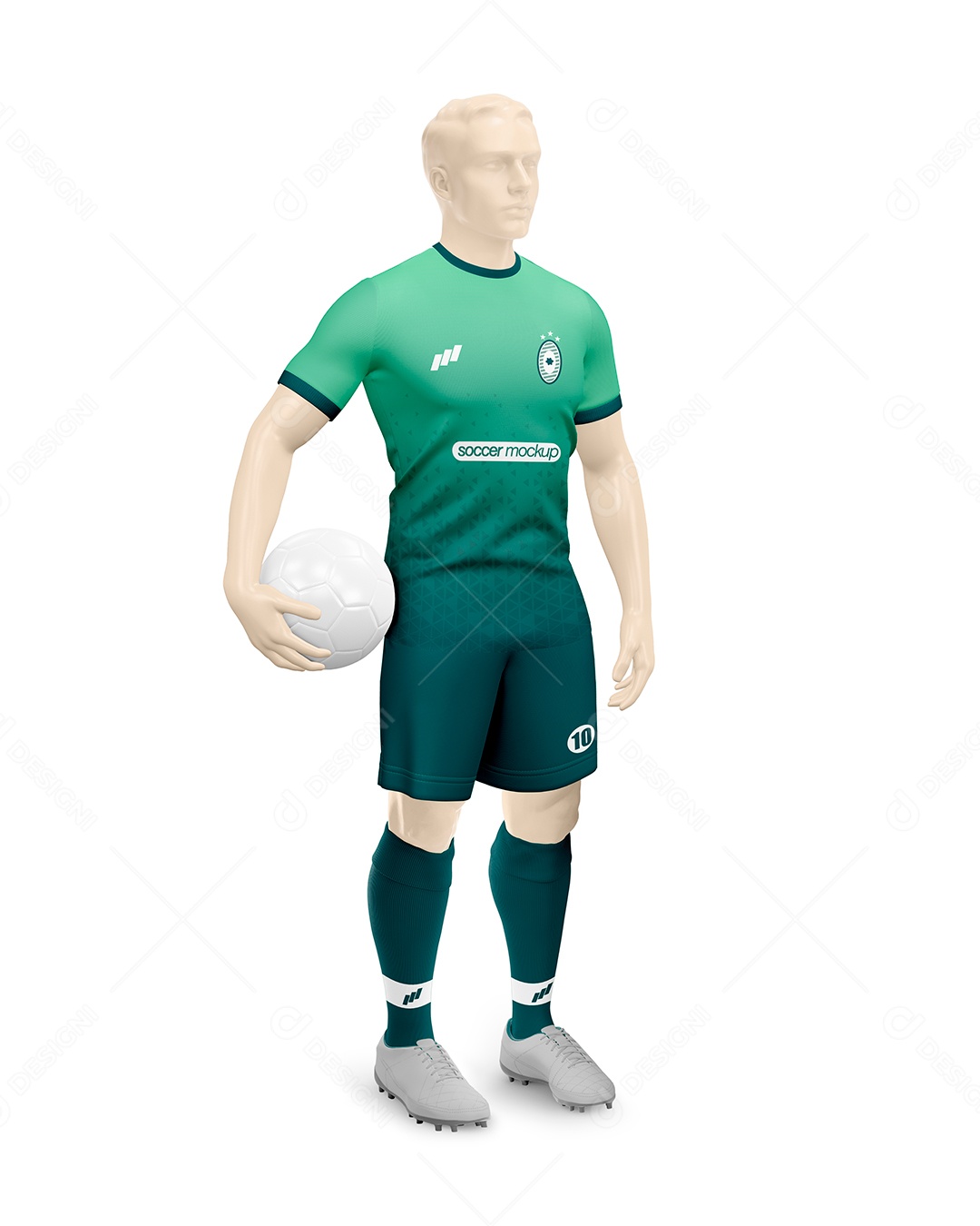 Manequin Com Uniforme de Futebol Completo Visto de Lado Com Gola Redonda Psd Editável Mockup