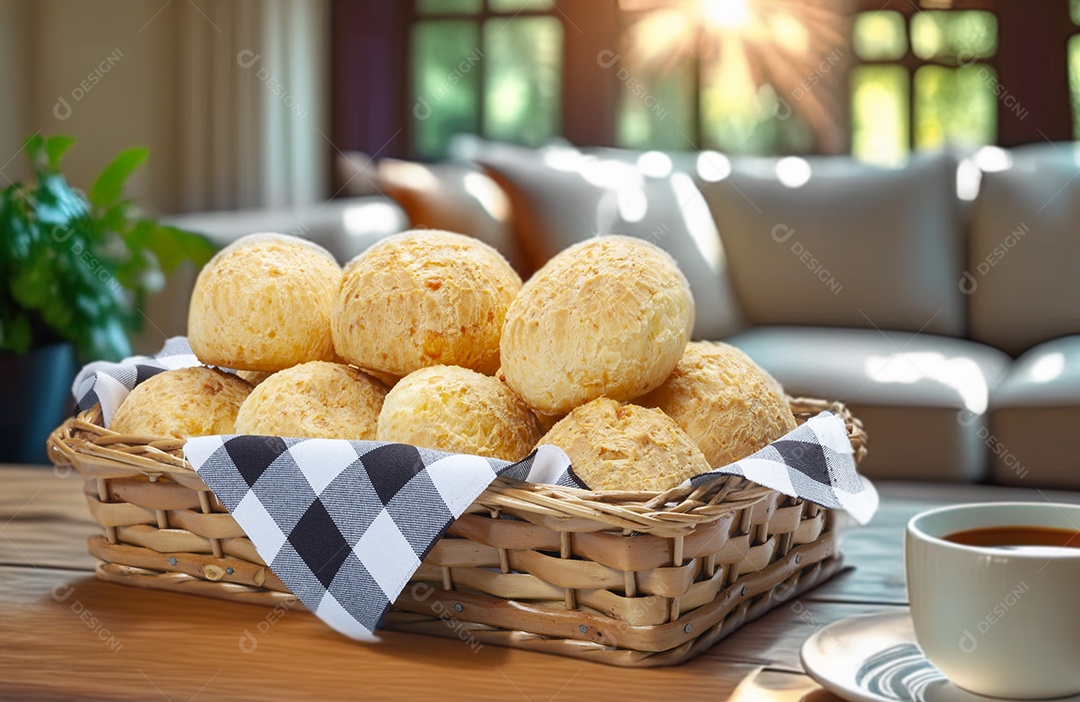 Cesta de pão de queijo e xícara de café