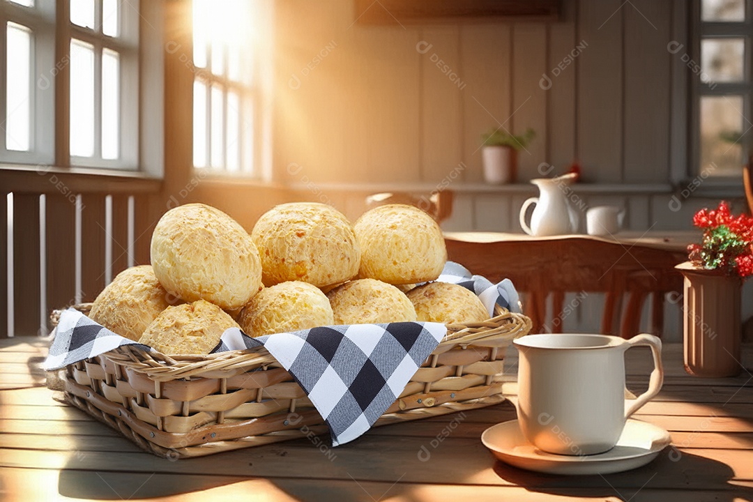 Pães de queijo e café na mesa