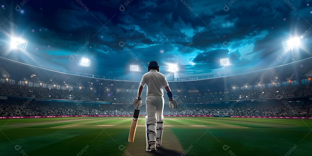 Jogador de críquete batedor caminhando em direção ao campo no estádio de críquete