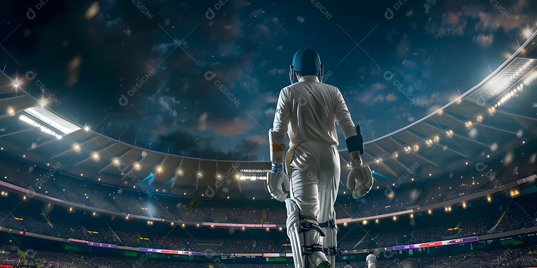 Jogador de críquete batedor caminhando em direção ao campo no estádio de críquete