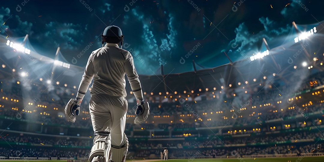 Jogador de críquete batedor caminhando em direção ao campo no estádio de críquete