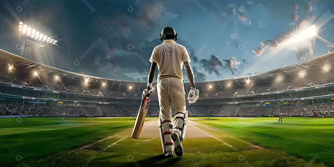 Jogador de críquete batedor caminhando em direção ao campo no estádio de críquete