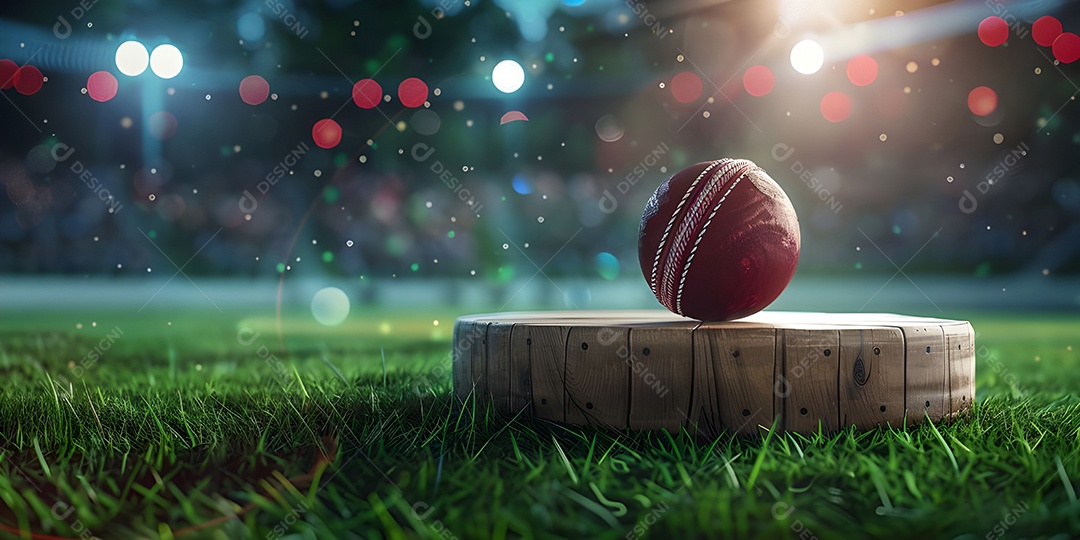 Bola de críquete em pedaço de madeira arredondado na grama do estádio de críquete