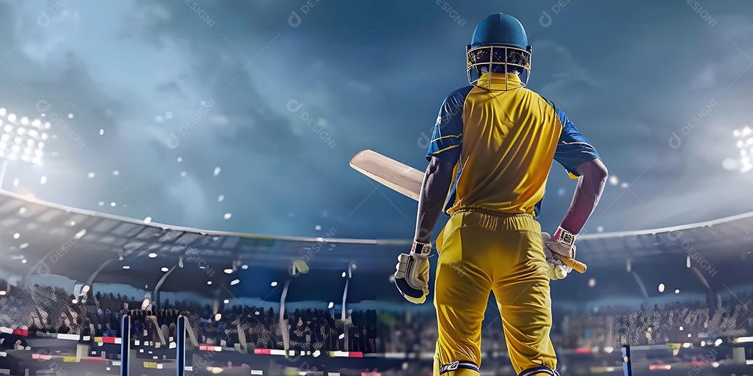 Batedor de críquete em camisa amarela olhando para o público no estádio