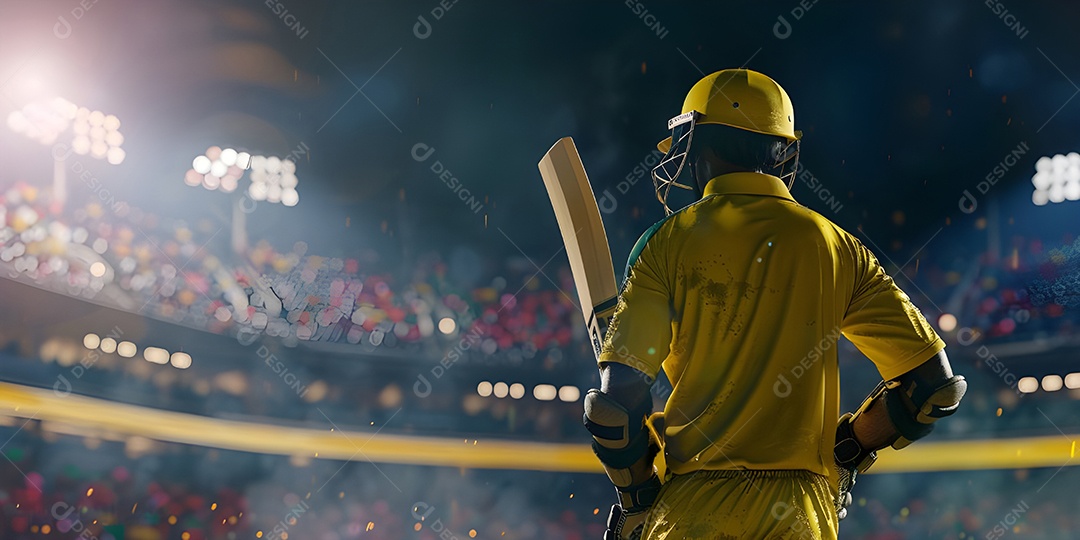 Batedor de críquete em camisa amarela olhando para o público no estádio