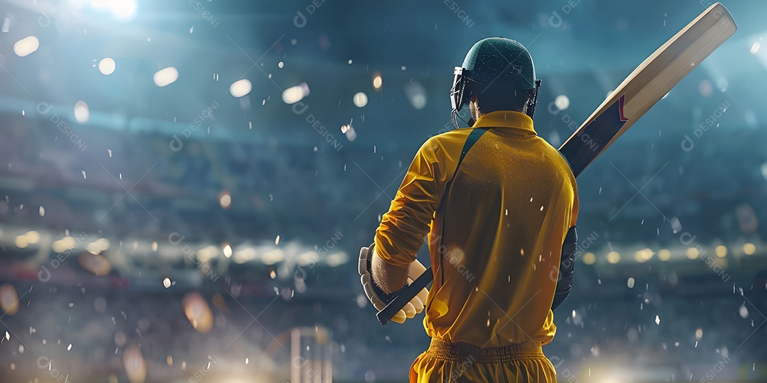 Batedor de críquete em camisa amarela olhando para o público no estádio