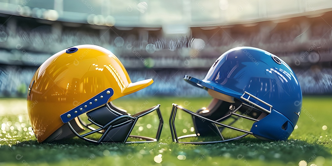 Capacetes de críquete amarelos e azuis na grama do estádio de críquete