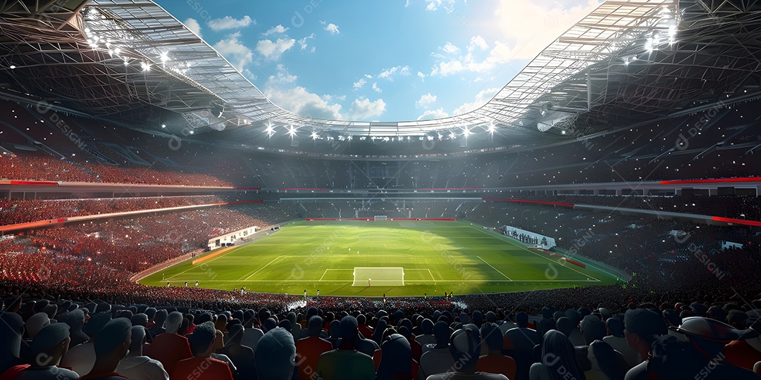 Vista do estádio de futebol com público lotado
