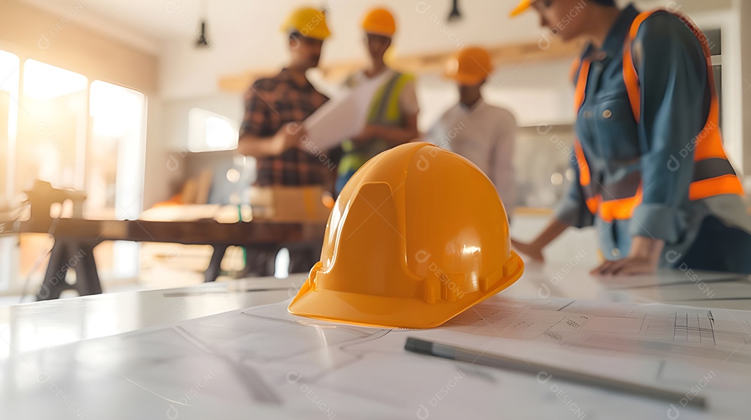 Capacete de engenheiro sobre a mesa com fundo de construção