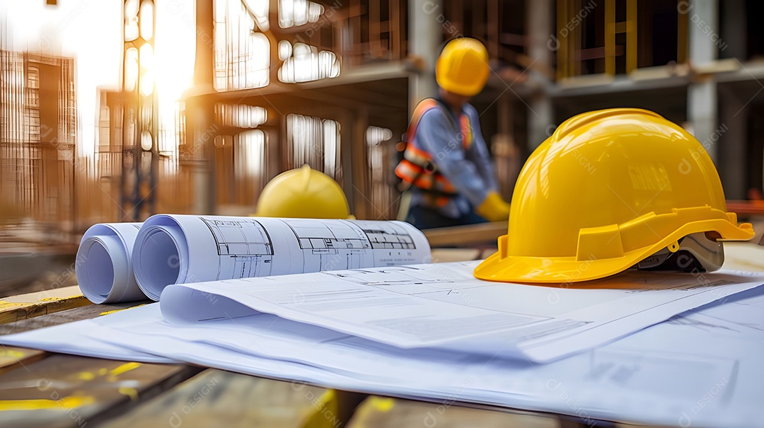 Capacete de engenheiro sobre a mesa com fundo de construção