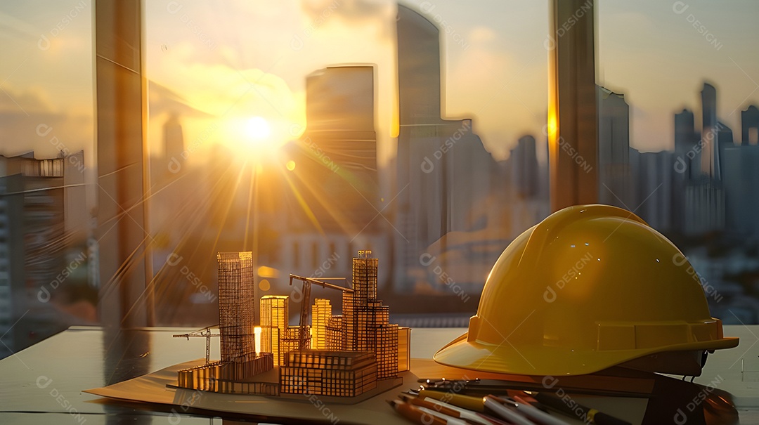 Capacete de engenheiro sobre a mesa com fundo de construção