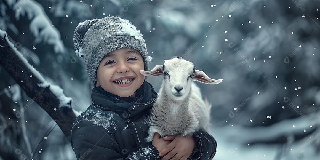 Um garotinho lindo com uma ovelhinha fofa nos braços