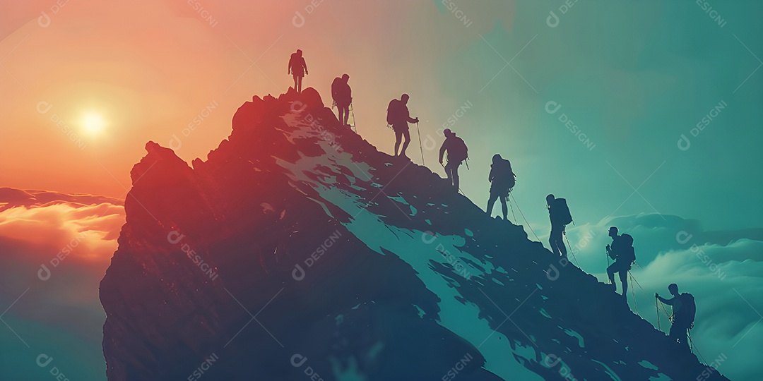 Um grupo de pessoa no pico de uma montanha fazendo alpinismo