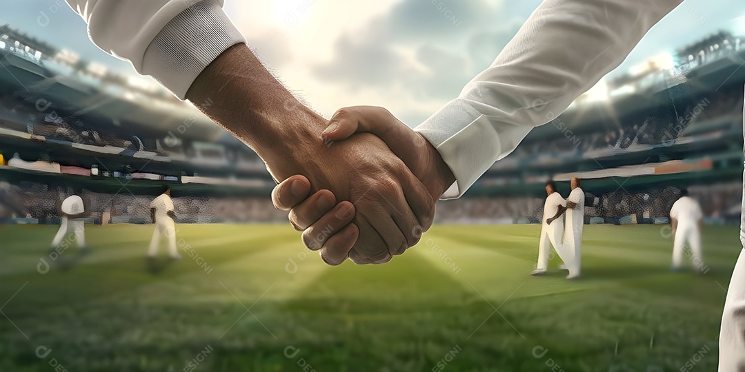 Espírito esportivo em jogo os jogadores apertam as mãos em uma partida de críquete