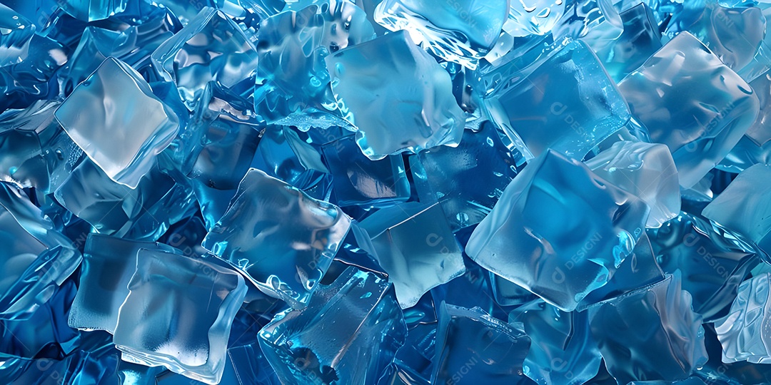 Vista superior do fundo brilhante de cubos de gelo azul