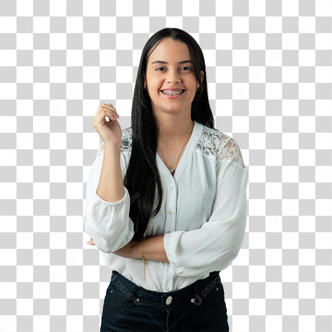 Mulher com Camisa Branca Sorrindo PNG Transparente