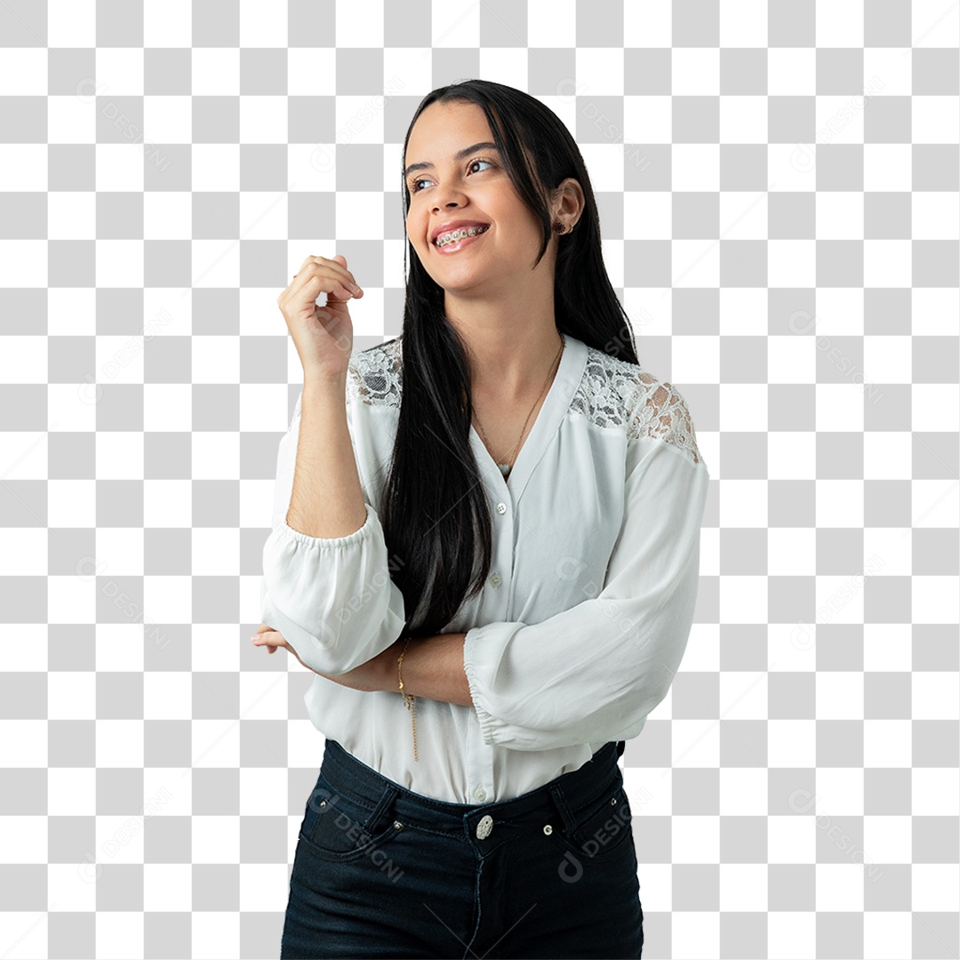 Mulher com Camisa Branca Sorrindo PNG Transparente