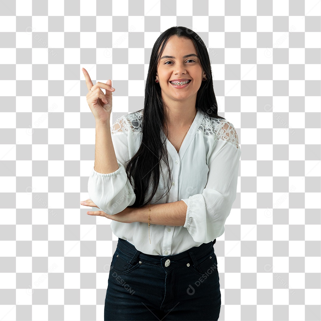 Mulher com Camisa Branca Sorrindo PNG Transparente