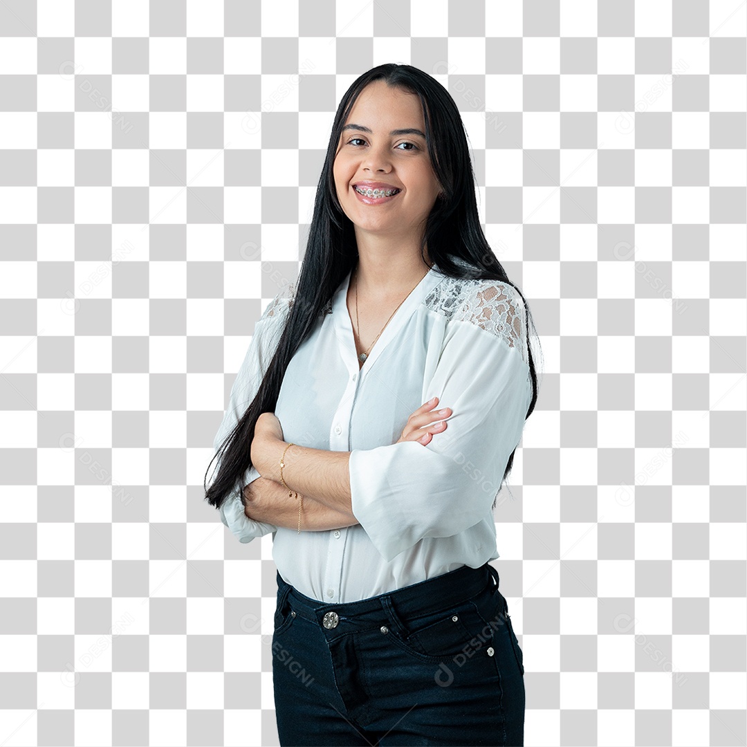 Mulher com Camisa Branca Sorrindo PNG Transparente