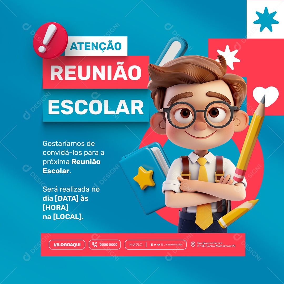 Reunião Escolar Atenção Social Media PSD Editável