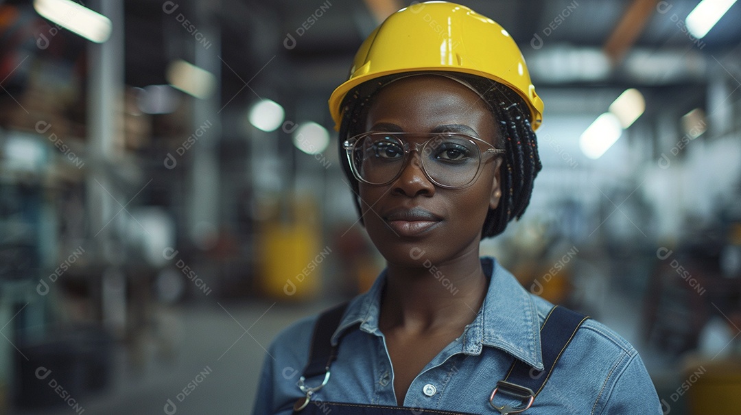Engenheira negra Mulher 30 anos com capacete amarelo e macacão azul escuro segurando um Tablet
