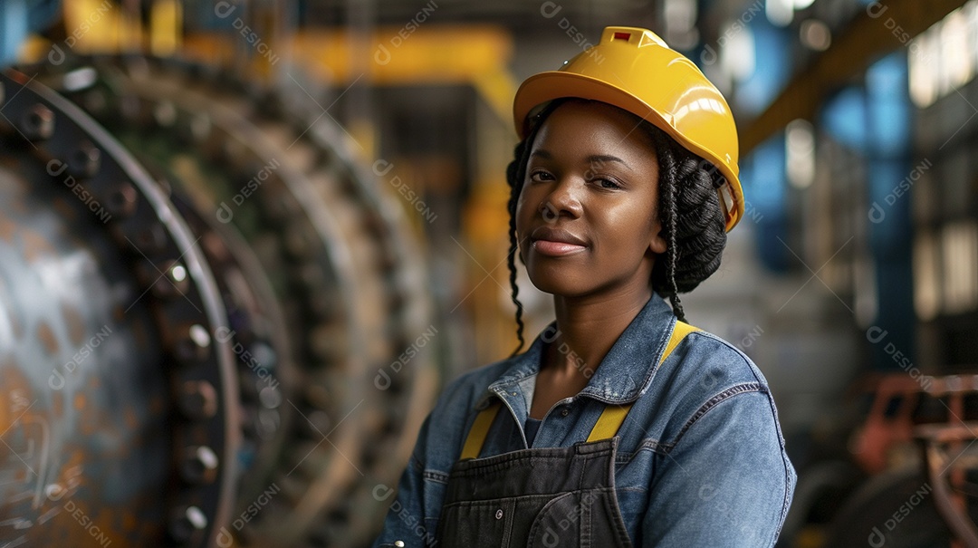 Engenheira negra Mulher 30 anos com capacete amarelo e macacão azul escuro segurando um Tablet