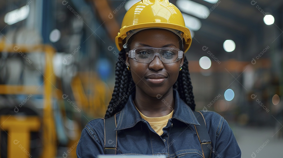 Engenheira Mulher, 30 anos, capacete amarelo e macacão azul escuro, usando um Tablet