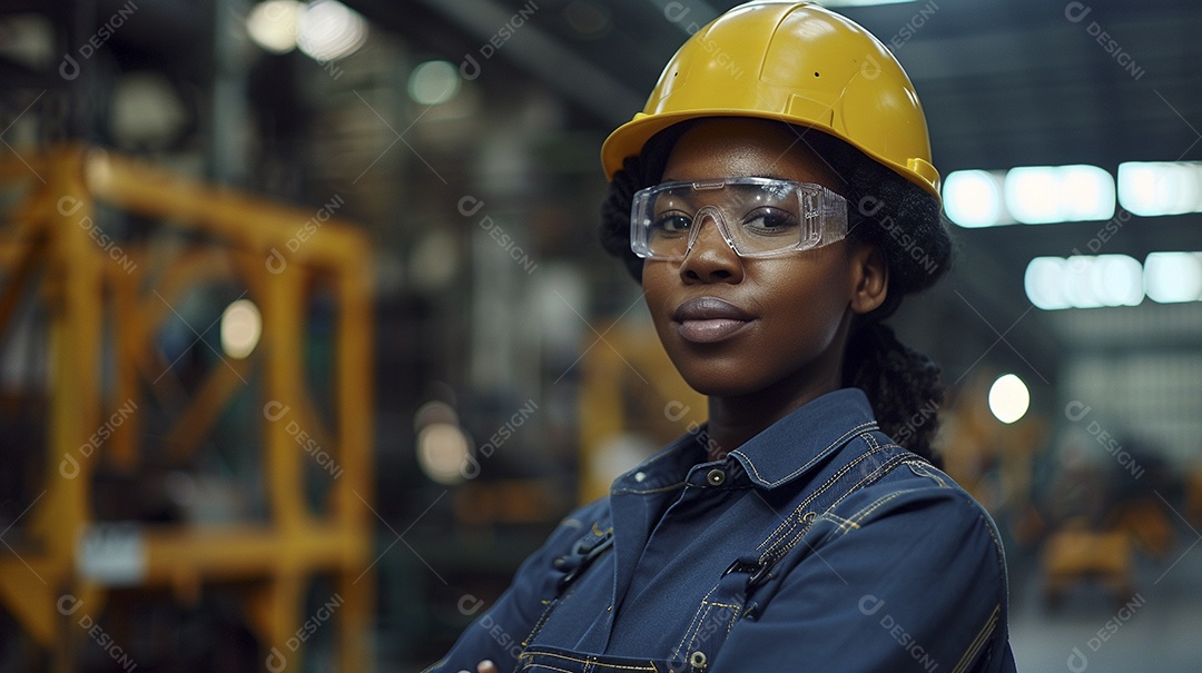 Engenheira negra Mulher 30 anos com capacete amarelo e macacão azul escuro segurando um Tablet