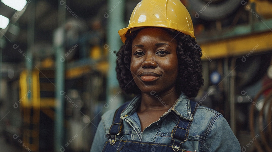 Engenheira negra Mulher 30 anos com capacete amarelo e macacão azul escuro segurando um Tablet