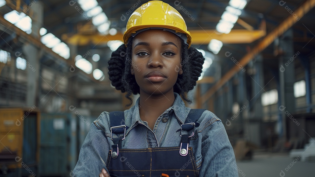 Engenheira negra Mulher 30 anos com capacete amarelo e macacão azul escuro segurando um Tablet