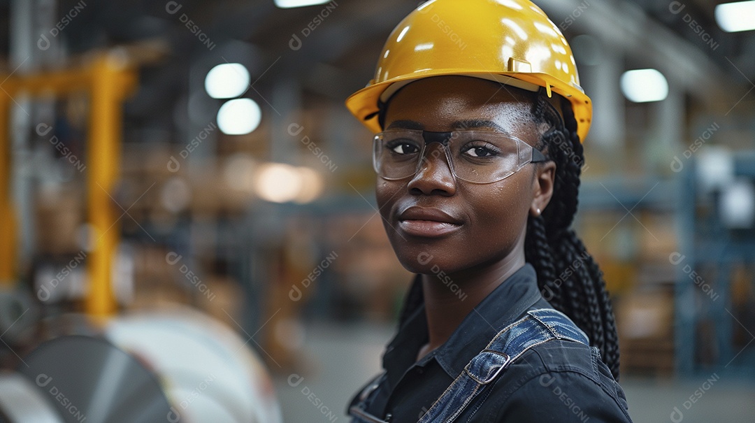 Engenheira negra Mulher 30 anos com capacete amarelo e macacão azul escuro segurando um Tablet