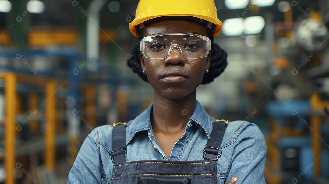 Engenheira negra Mulher 30 anos com capacete amarelo e macacão azul escuro segurando um Tablet