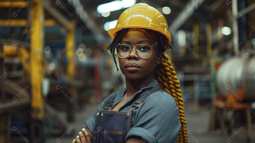 Engenheira Mulher, 30 anos, capacete amarelo e macacão azul escuro, usando um Tablet