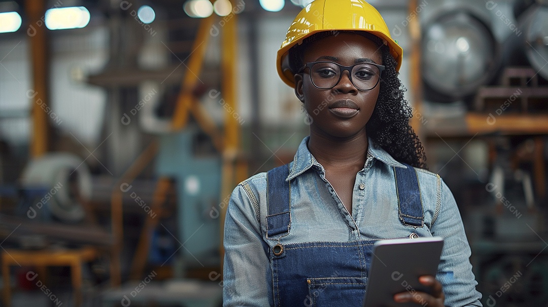 Engenheira Mulher, 30 anos, capacete amarelo e macacão azul escuro, usando um Tablet