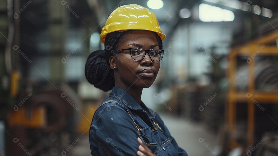 Engenheira Mulher, 30 anos, capacete amarelo e macacão azul escuro, usando um Tablet