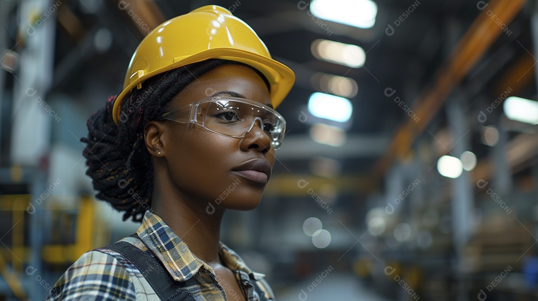 Engenheira Mulher, 30 anos, capacete amarelo e macacão azul escuro, usando um Tablet