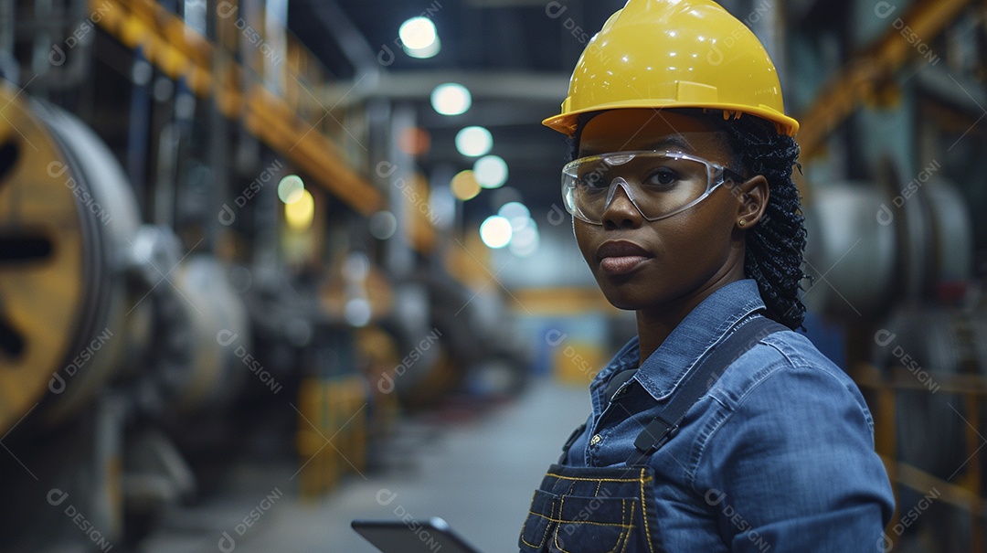 Engenheira Mulher, 30 anos, capacete amarelo e macacão azul escuro, usando um Tablet